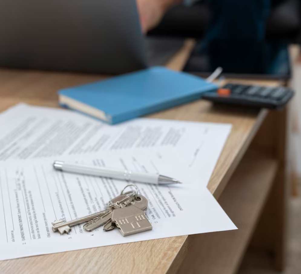 Conjunto de documentos, llaves y una computadora portátil sobre una mesa, representando el proceso de compra de una vivienda o gestión inmobiliaria.