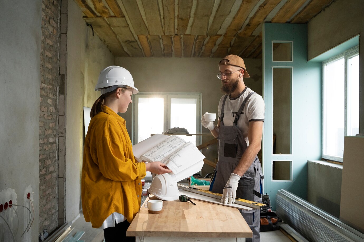 Dos profesionales de la construcción discuten planos en un sitio de obra. La mujer lleva un casco y una chaqueta amarilla, mientras que el hombre viste un overol y sostiene una taza. La habitación está en proceso de remodelación, con paredes sin terminar y herramientas visibles.